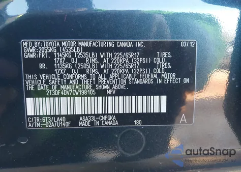 2012 Toyota Rav4 Limited from USA, damaged, VIN 2T3DF4DV7CW198105